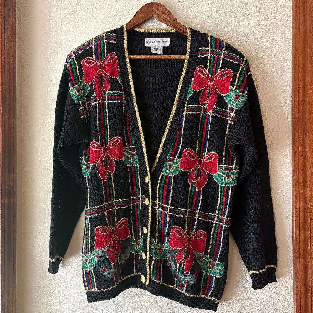 Vintage 80s Norton McNaughton Ugly Christmas Cardigan Sweater Plaid Bows Wreaths